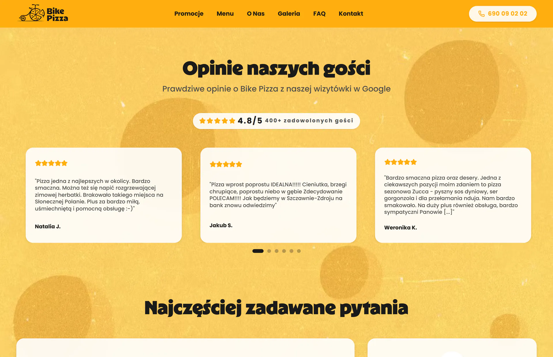 Sekcja opinii gości i odpowiedzi na pytania na stronie Bike Pizza