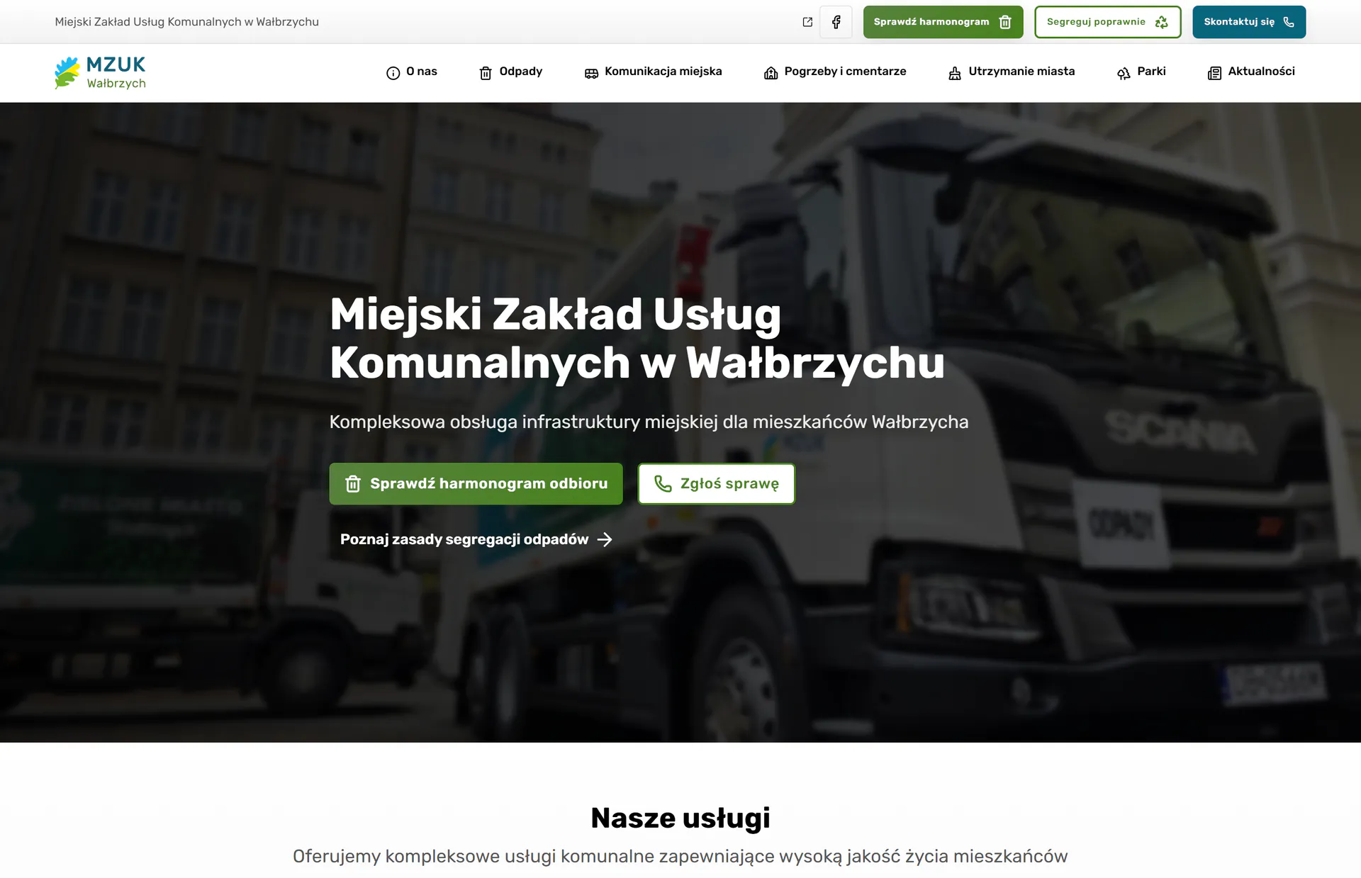 Pierwszy ekran MZUK z przyciskami sprawdzenia harmonogramu i zgłoszenia sprawy