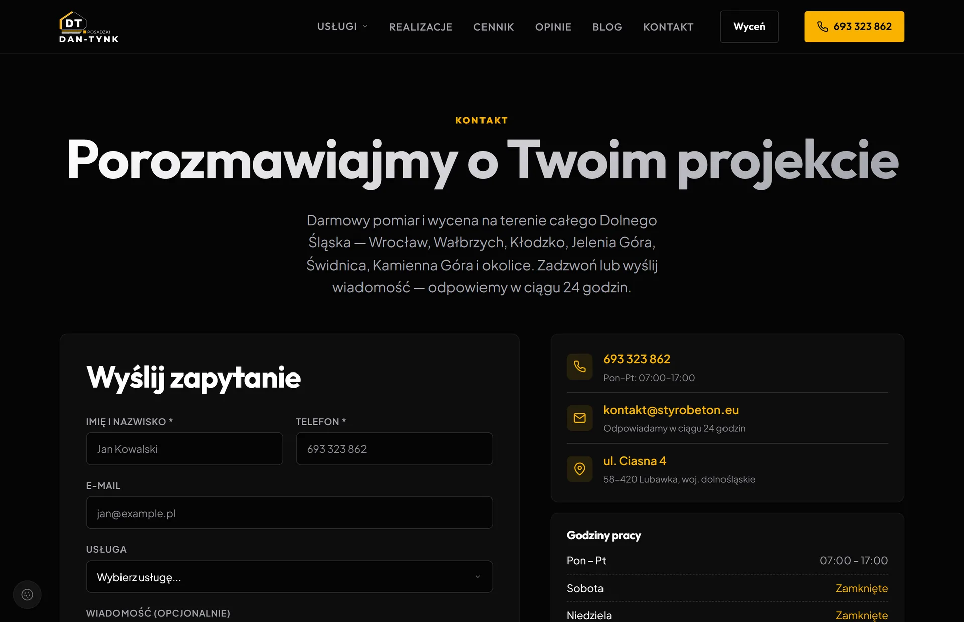 Strona kontaktu Styrobeton.eu z telefonem w nagłówku, formularzem zapytania i danymi kontaktowymi