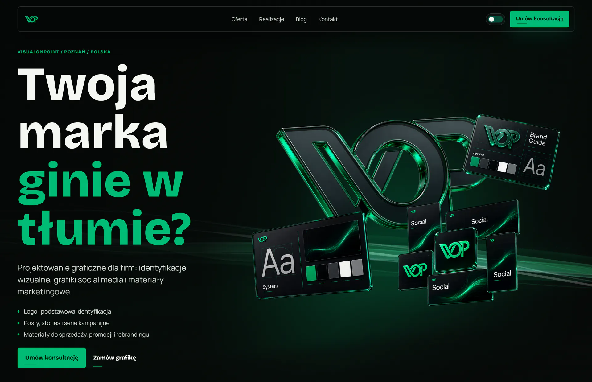 Pierwszy ekran VisualOnPoint z autorską identyfikacją i ofertą studia